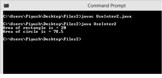 This image describes the output of practical example supporting the concept of interfaces under abstraction in java.